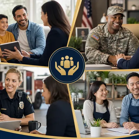 Individuals, families, veterans, first responders, and business owners receiving financial guidance